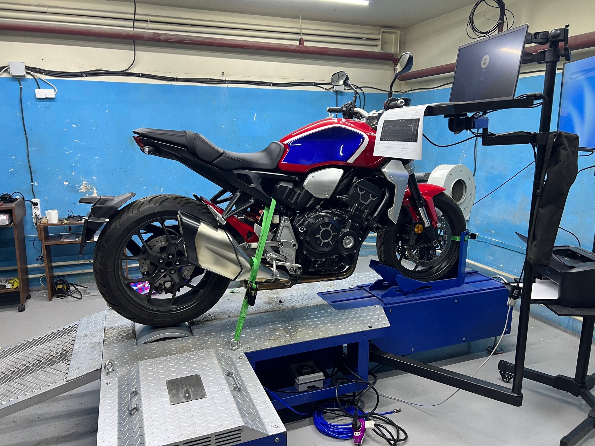 Motorcycle on dyno at SMK Performance Lab
